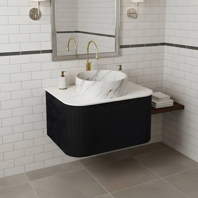Floating Bathroom with Round Ceramic Basin and Storage Drawer