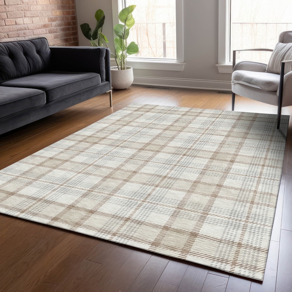 Machine Washable Indoor/ Outdoor Casual Plaid Chantille Rug