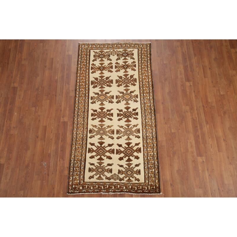Hand Knotted Oriental 100% Wool Carpet Traditional Geometric Beige & Ivories Balouch Runner Rug - 6' 8'' X 3' 4''
