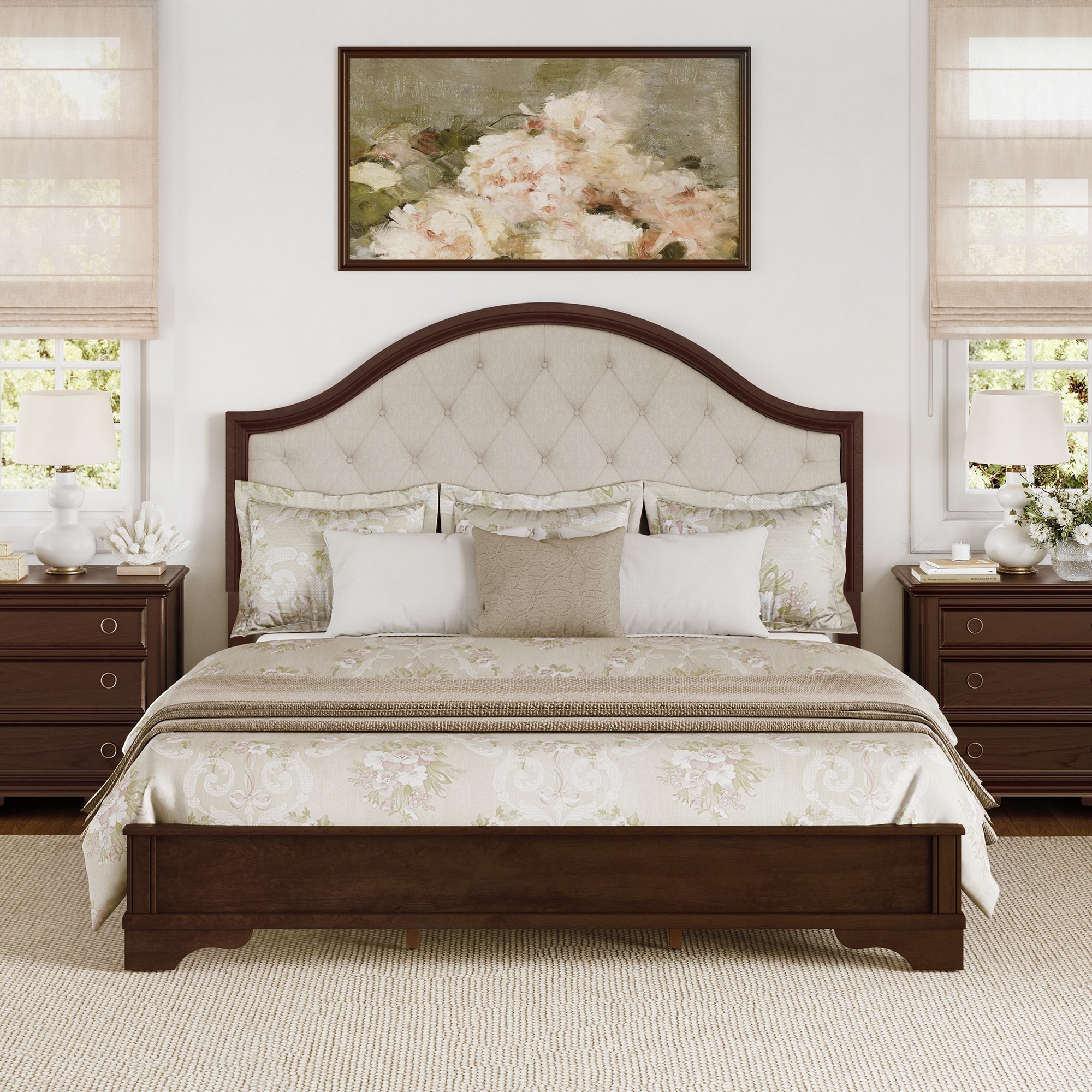 Queen/ King Wood Platform Bed Frame with Upholstered Headboard