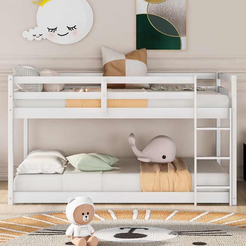 Twin over Twin Floor Bunk Bed with Ladder - White