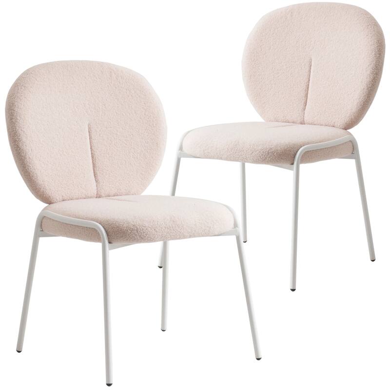 Celestial Modern Boucle Dining Chairs - Upholstered Accent Side Chairs with White Powder-Coated Iron Frame Set of 2 - Beige