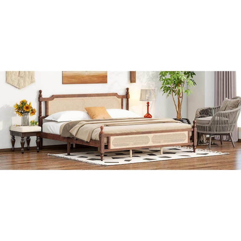 Roomfitters King Pine Wood Bed Frame with Rattan Headboard and Footboard, Central Reinforced Platform Support