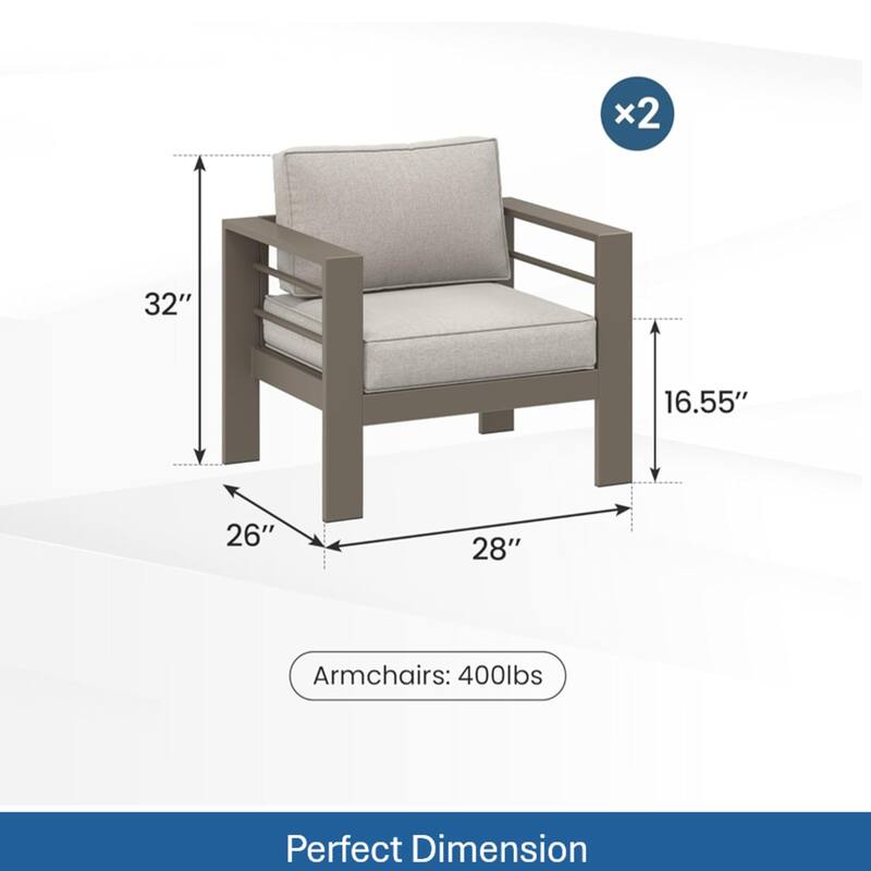 Set of 2 28" Metal Patio Armchairs with Thick Beige Cushions Khaki Frame