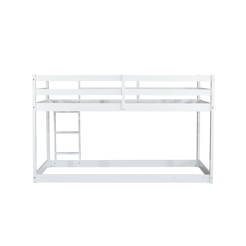 Wooden Twin over Twin Floor Bunk Bed with Ladder, with Bed Platform of Strengthened Slats