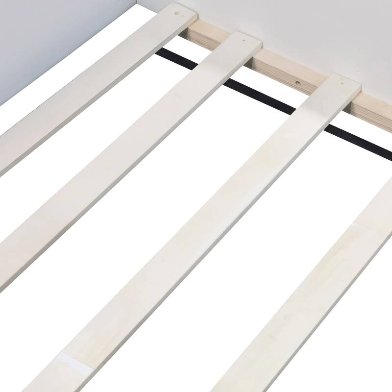 Roomfitters Twin/Full/Queen/King Size Upholstered Daybed Frame with Safety Fence and Stairs, PU Fabric Platform Bed with Slats