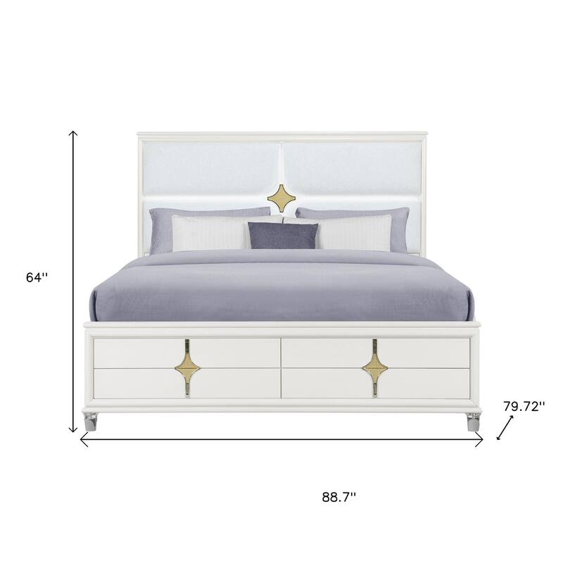 HomeRoots Gold and White Wood And Upholstery Lighted King Bed Frame