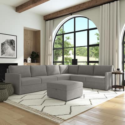 Flex 6-Seat Upholstered Modular Sectional and Storage Ottoman by Flexsteel - Pebble Gray - 133" x 37" x 103"