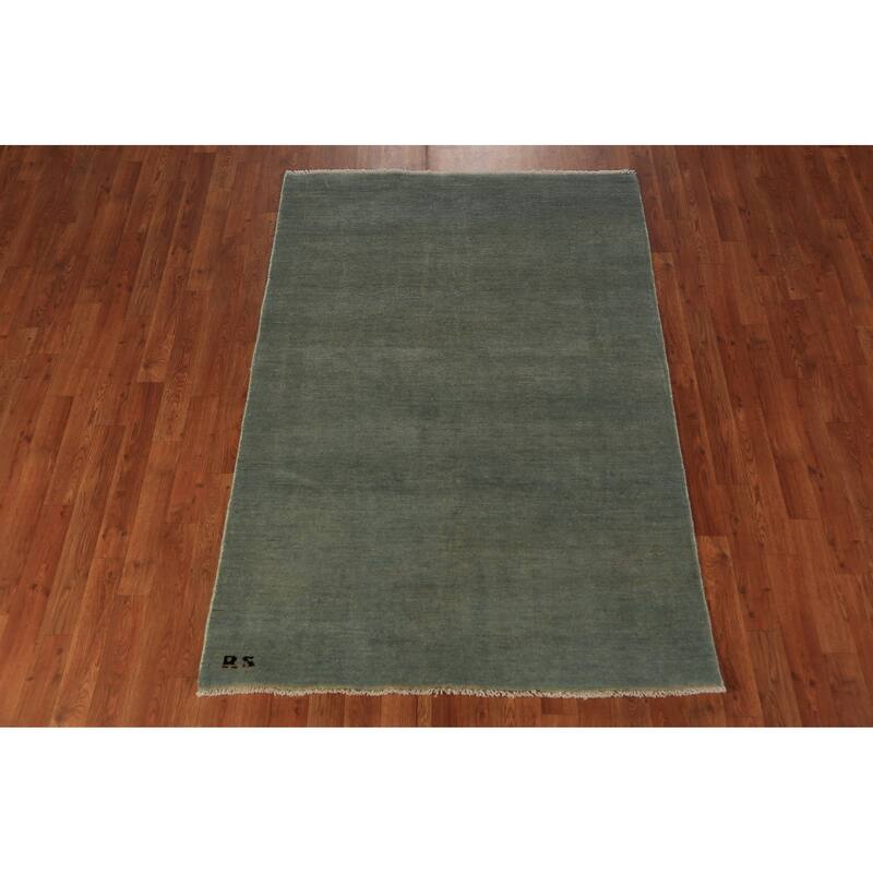 Gabbeh Modern Rug Hand-Knotted Green Wool Carpet - 4'0" x 5'10"