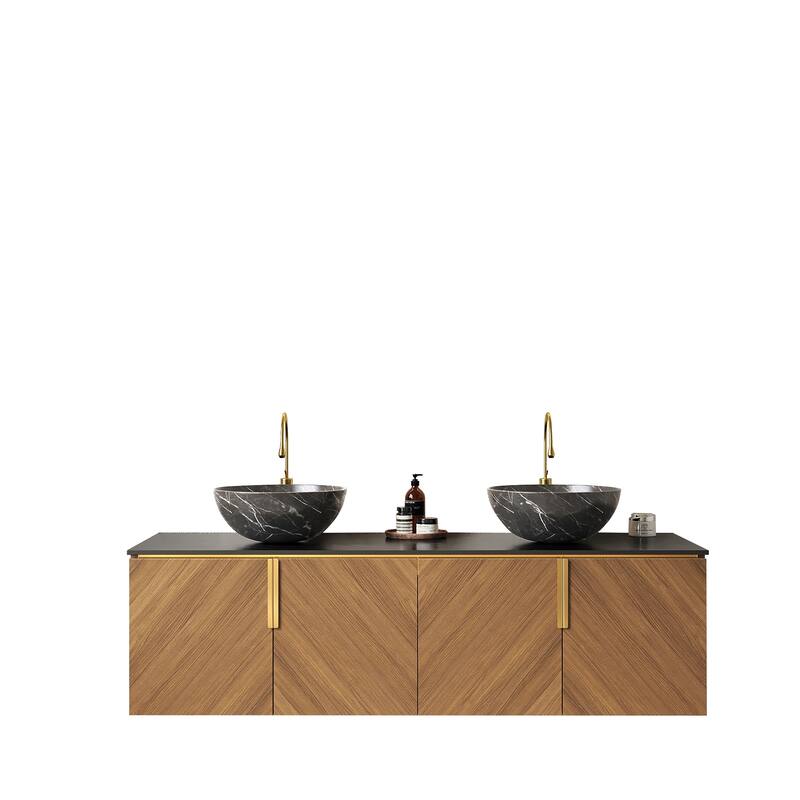 GDFStudio - Arai Modern 60" Floating Bathroom Vanity with Black Sintered Stone Countertop, Dual Ceramic Basin & 4 Doors