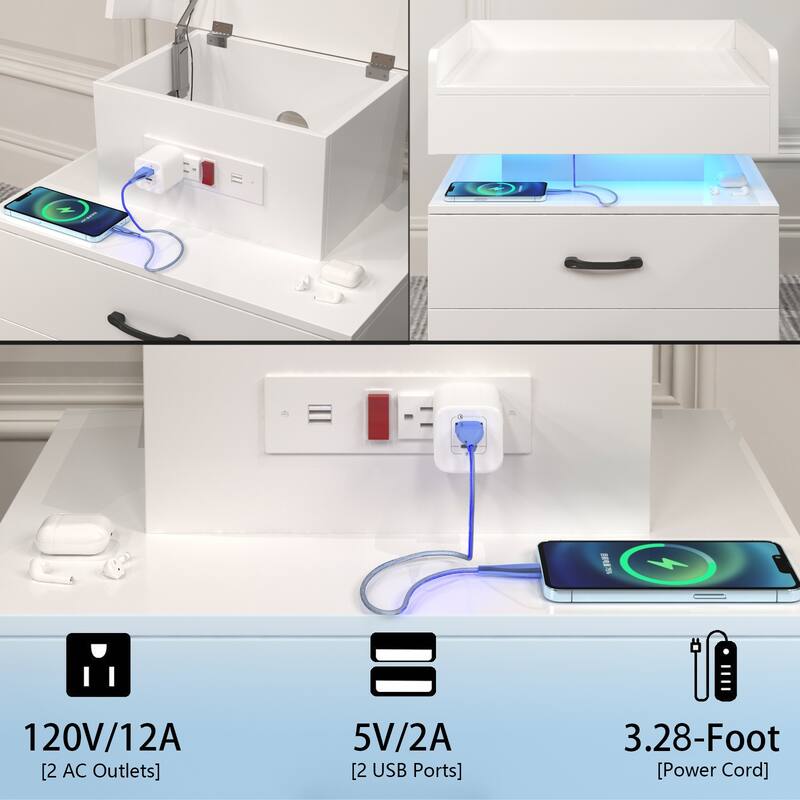 1 Set Nightstand with Adjustable LED Strip Light, 2-Drawers, Large Storage Space