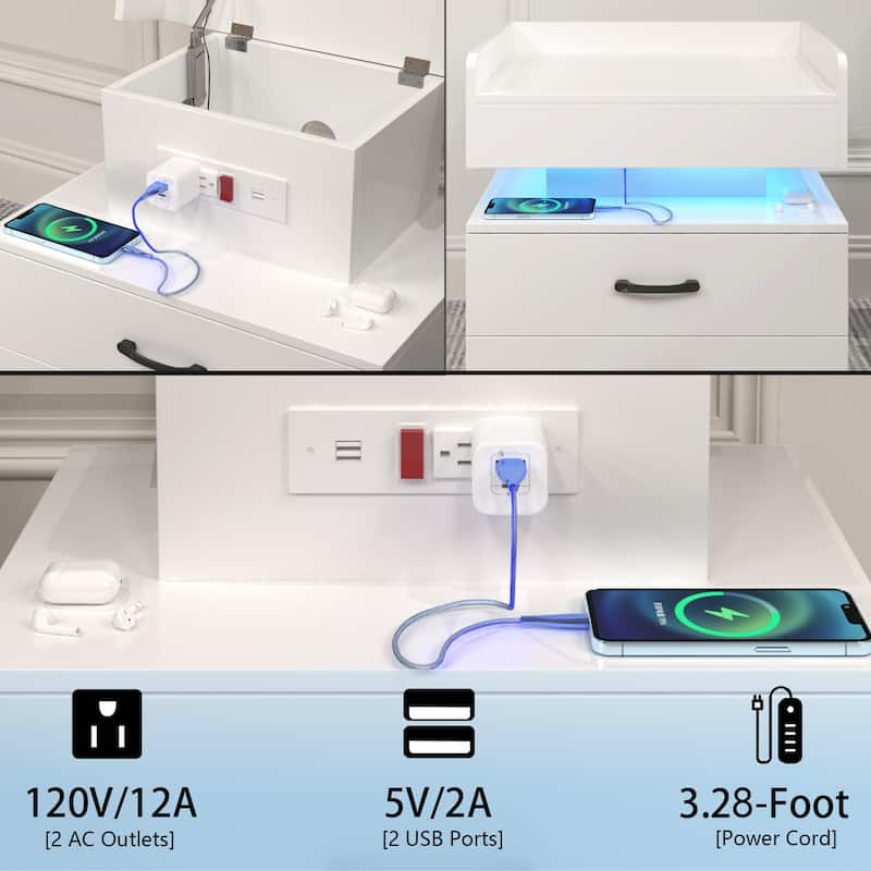 Anmytek Modern White Nightstand with Charging Station LED Lights and 2 Drawers Waterproof Bedside Table