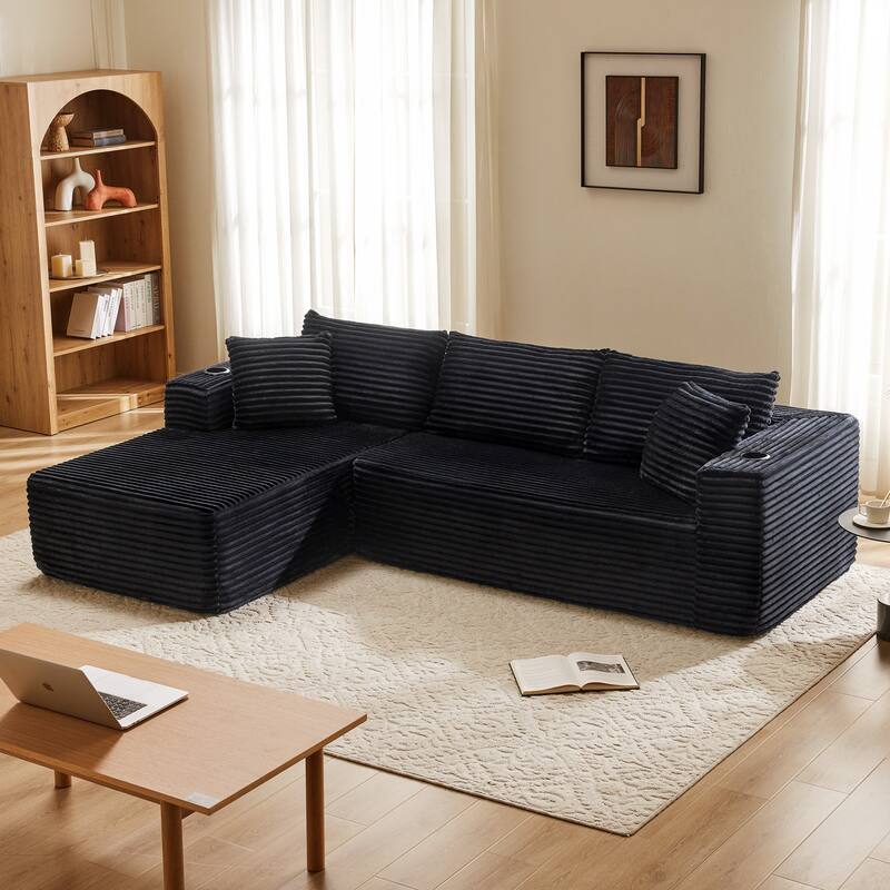 104" Upholstered No-Assembly Modular Sofa Chaise Sofa with Cupholders, Free Combination - Black