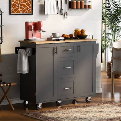 Rolling Kitchen Island with Storage,Kitchen Cart with Rubber Wood Top