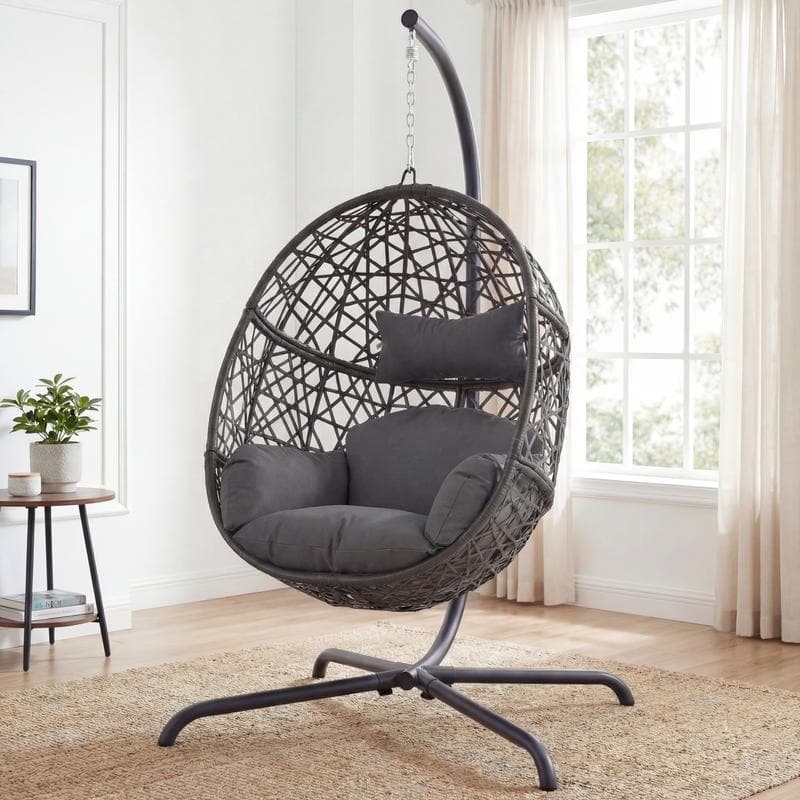 Extra Large Egg Chair with Stand, 450 lbs Capacity Hanging Basket Chair, Indoor/Outdoor Wicker Nest Swing Chair with Cushions - Dark Grey