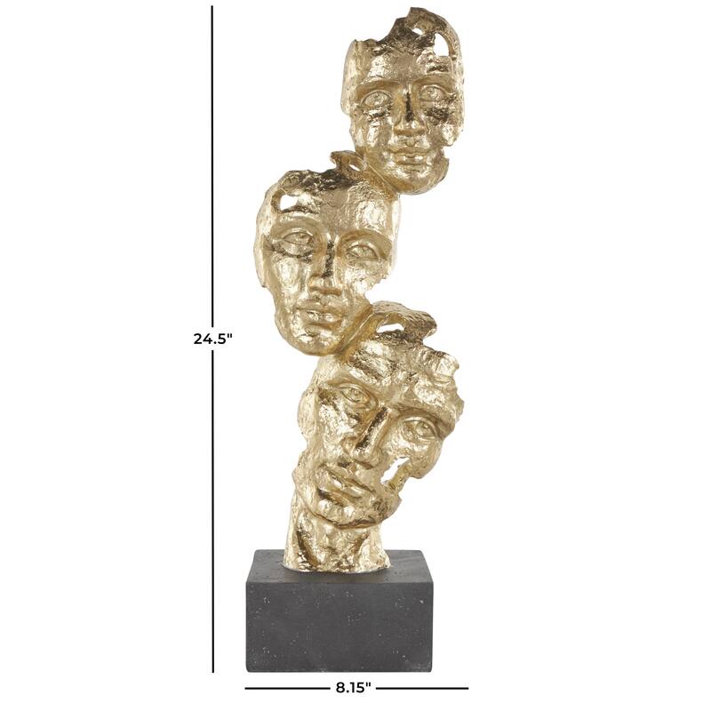 Polystone Mask Stacked Face Cutout Decorative Sculpture with Black Block Base - Gold - Roche River Decor