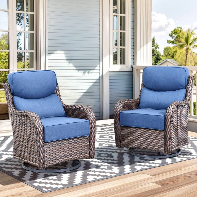 779657388297 Outdoor Swivel Glider Chairs with 4Inch 5Inch 6Inch Cushion - Brown Wicker Blue Cushion - 2 Pieces Swivel Chair with 6 Inch Cushion