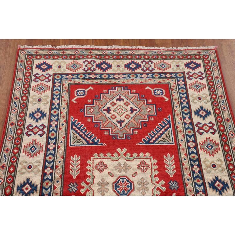 Geometric Red Kazak Accent Rug Handmade Oriental Wool Carpet - 3'3" x 4'10"