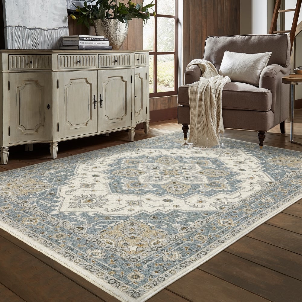 Style Haven Marley Traditional Medallion Blue/ Ivory Area Rug