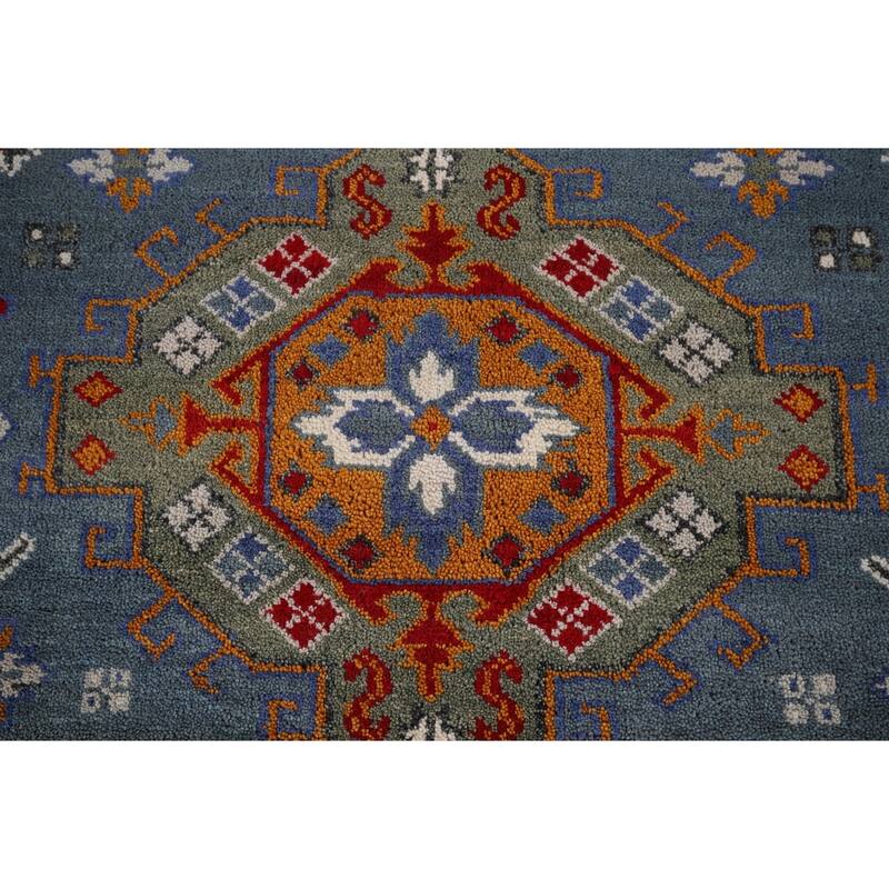 Geometric Blue Kazak Oriental Area Rug Hand-Knotted Wool Carpet - 7'11" x 9'9"