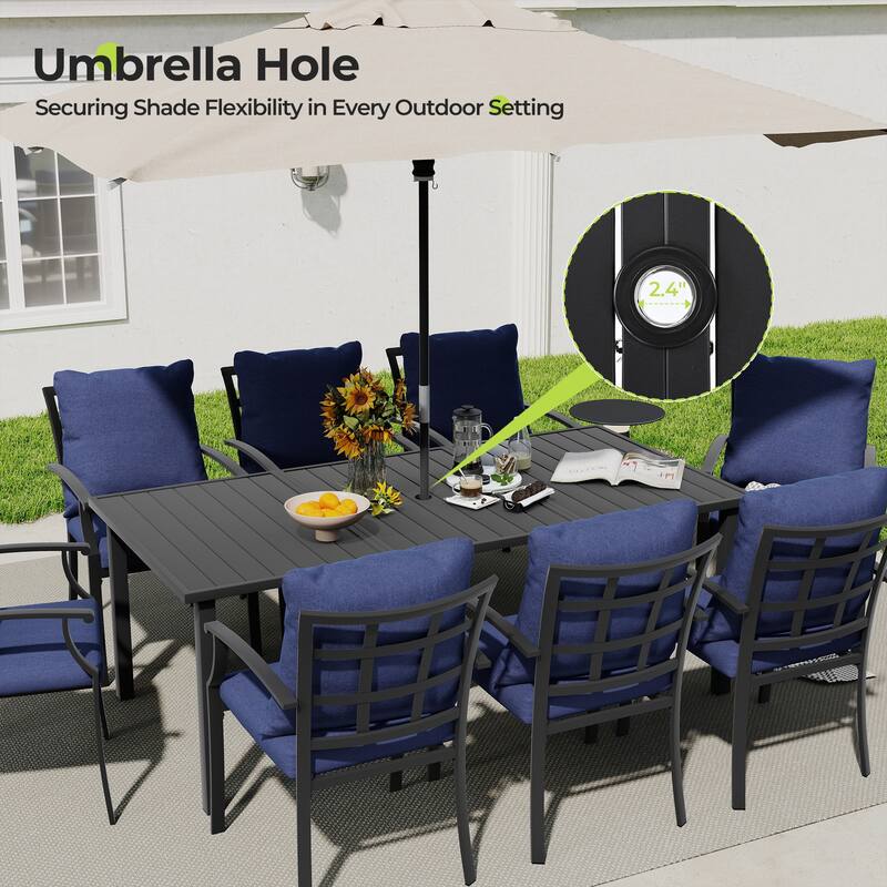 IvyGlow 9-Piece Black Metal Patio Dining Set with Rectangular Table, 2 Swivel Dining Chairs and Gray Cushions