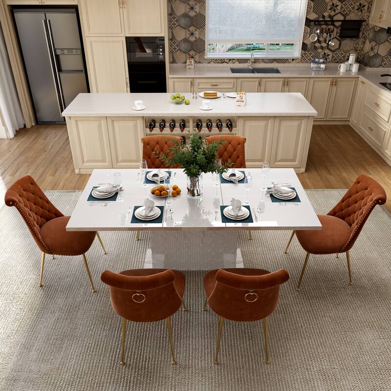 7-Piece Clihome High-gloss Extendable Table Velvet Chair Dining Set