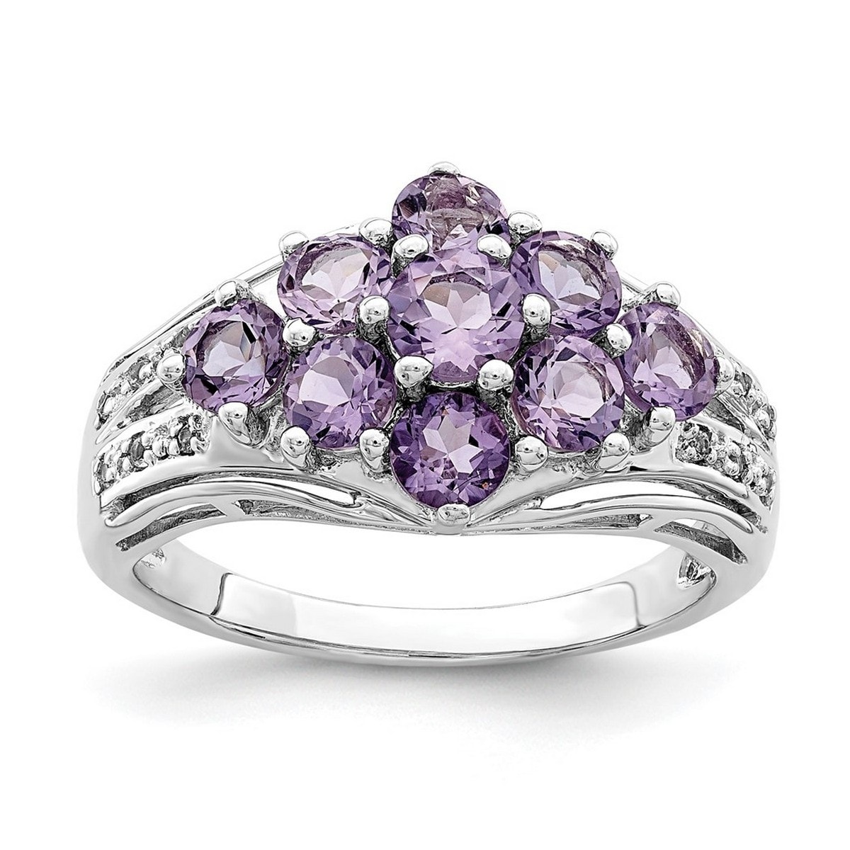 Curata 925 Sterling Silver Rhodium Plated Amethyst and White Topaz Fancy Ring