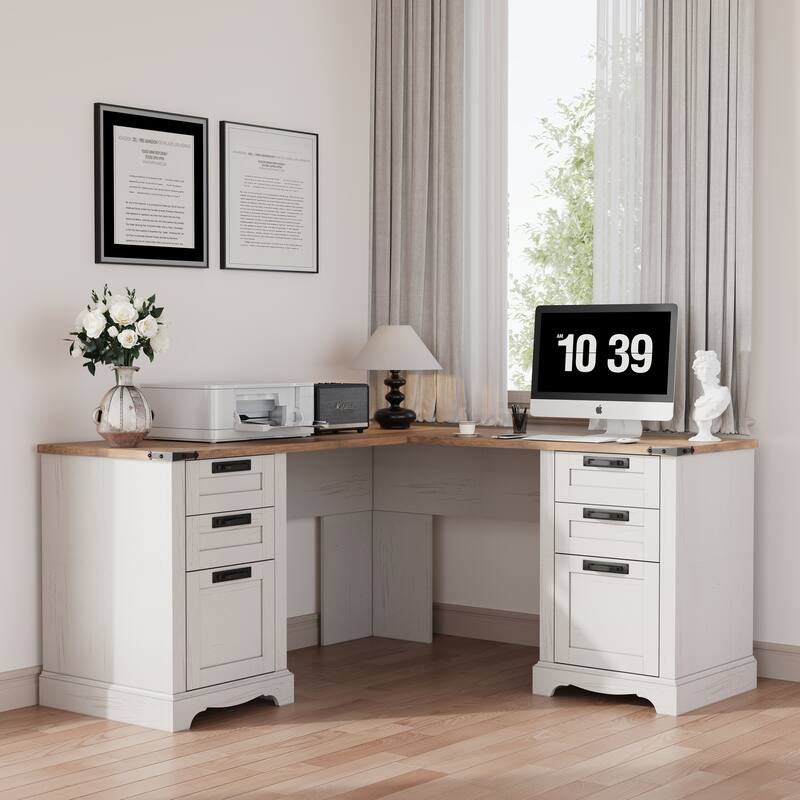 L Shaped Desk, Wood Office Desk with Charging Station, File Drawer - White