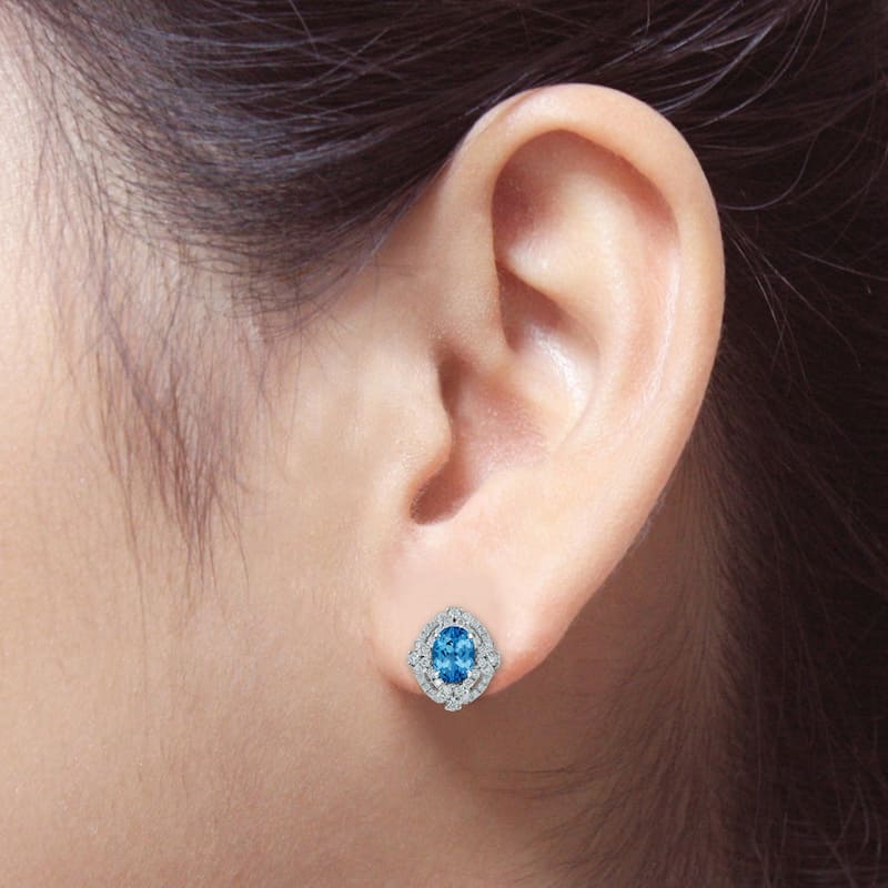 Auriya 3 1/5ct Vintage Oval-cut Blue Topaz Halo Diamond Stud Earrings 5/8ctw 18k Gold