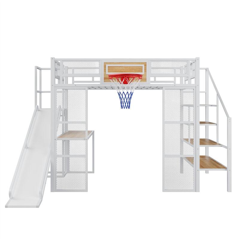 Metal Loft Bed with Bulit-in Desk, Slide and Open Wardrobe, Full Size Loft Bedframe with Storage Staircase and Basketball hoop