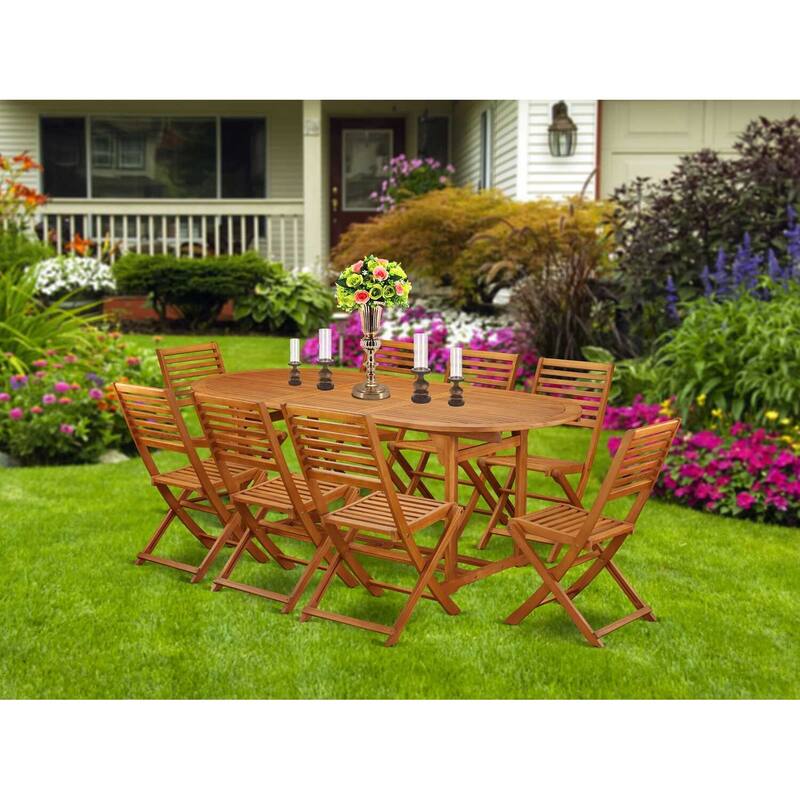 HomeStock 9-Piece Natural Oak Finish Solid Wood Top Dining Table with 8 Chairs with Lattice Back