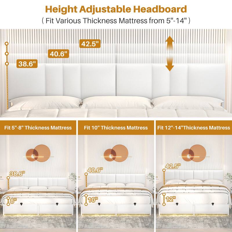 Upholstered Bed Frame with Height Adjustable Headboard,with RGB LED Light and Charging Hub