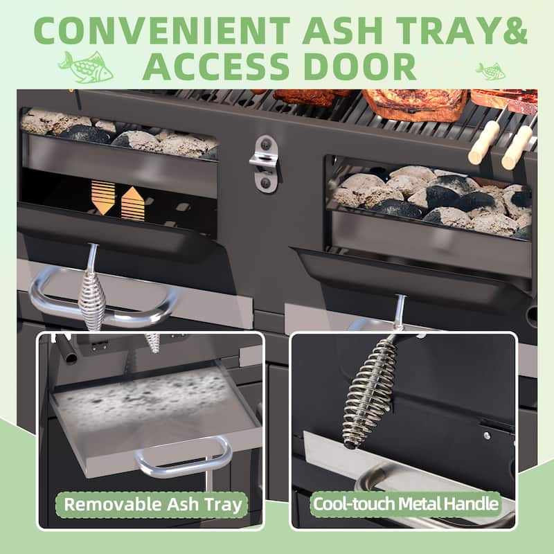 Heavy-Duty Charcoal Grill with Foldable Tables, Enameled Grate, 860 Sq. In. Cooking Area, Adjustable Trays for Outdoors