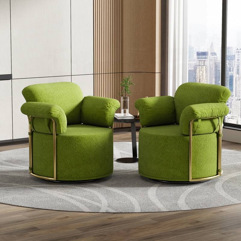 360 Degree Barrel Swivel Fluffy Fabric Lounge Wide Upholstered Reading Chair with Gold Metal Legs