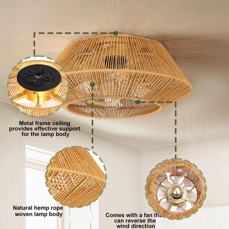 4-Light 18" Boho Flush Mount Ceiling Fans Light with Remote Control