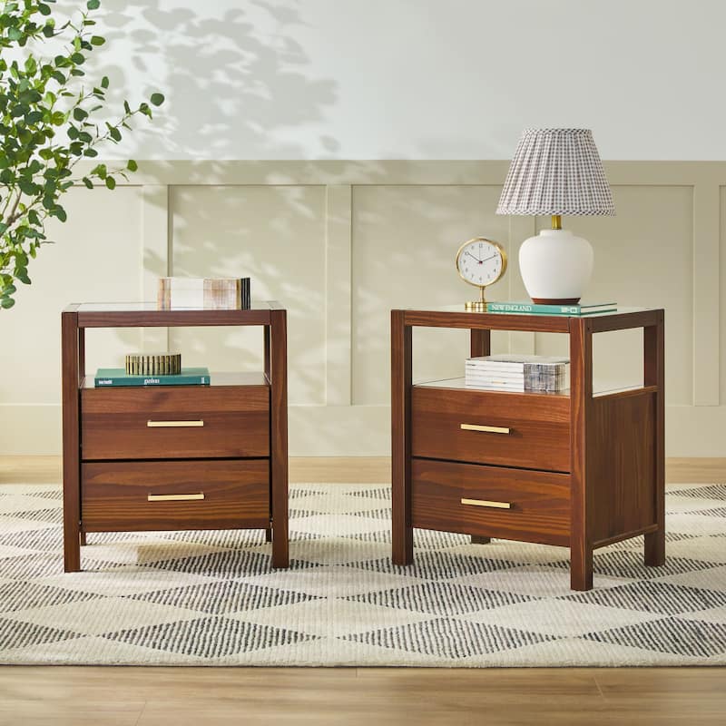 Walker Edison Solid Wood Nightstands with Tempered Glass Top (Set of 2)
