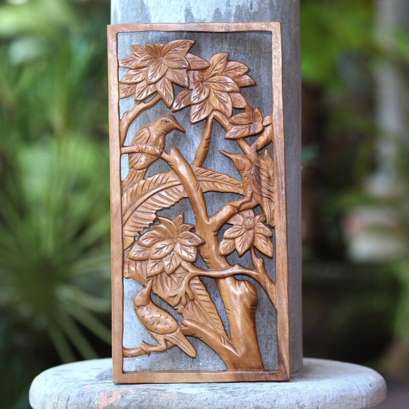 Novica Handmade Songbird Friends Wood Relief Panel