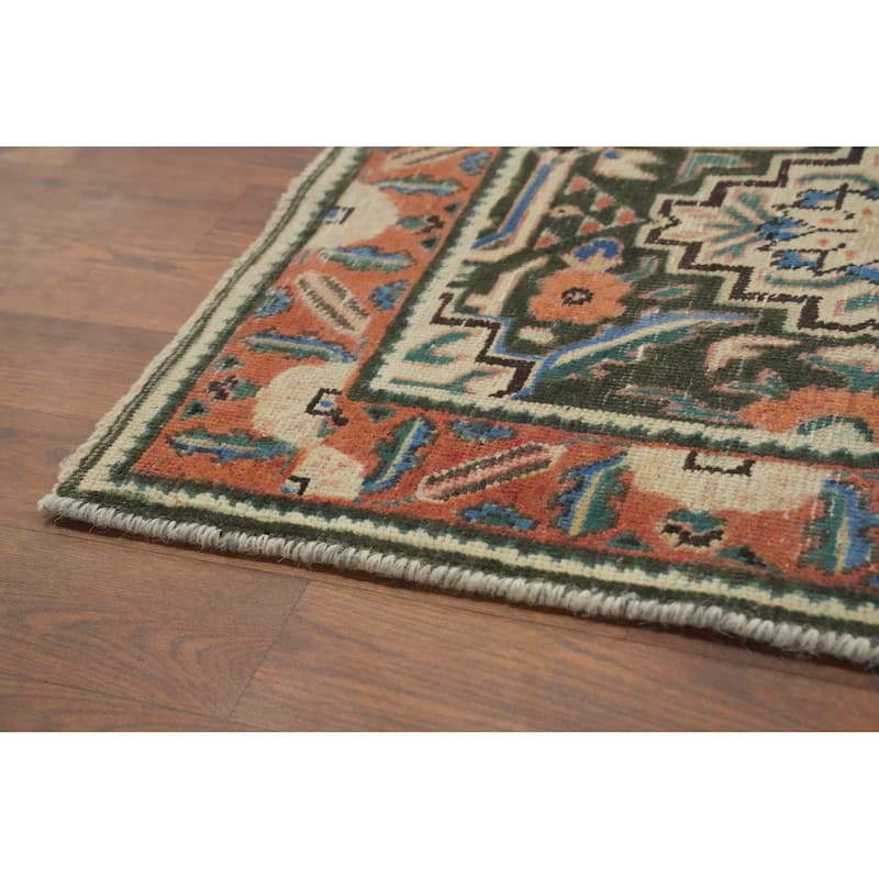 Hand Knotted Oriental 100% Wool Carpet Traditional Geometric Green Heriz Area Rug - 4' 8'' X 3' 2''