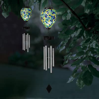 Glitzhome Set of 2 37"H Solar Lighted Metal and Glass Mosaic Windchimes - 37''H