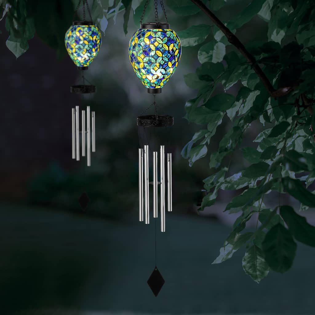 Glitzhome Set of 2 37"H Solar Lighted Metal and Glass Mosaic Windchimes - 37''H