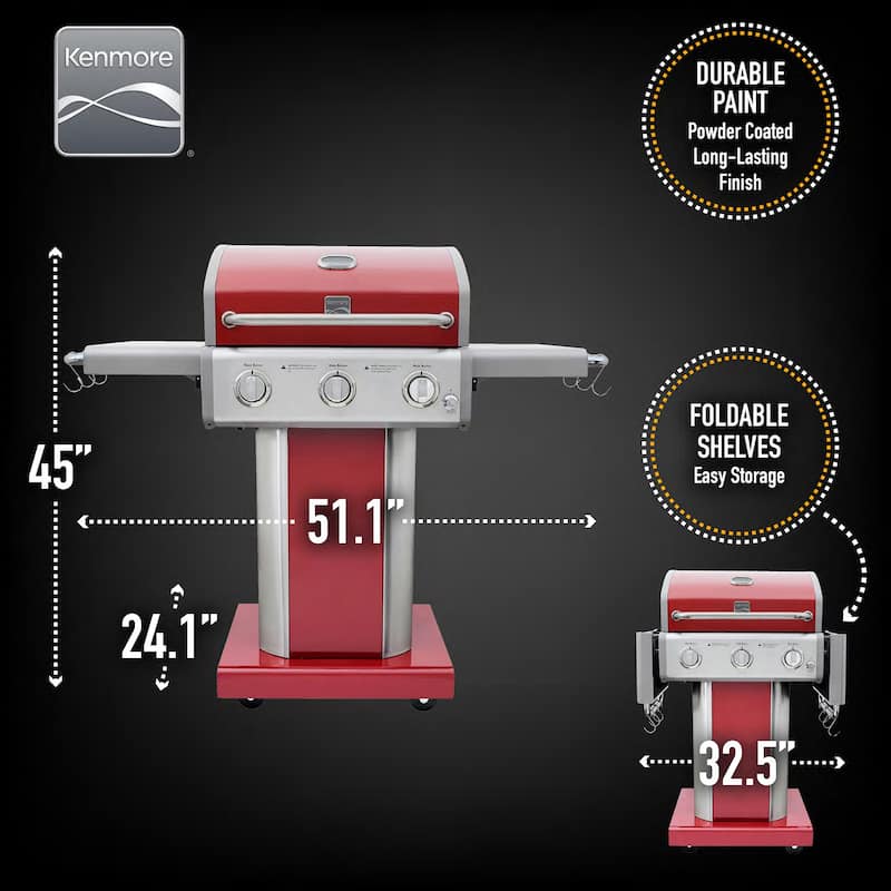 Kenmore 3-Burner Propane Gas Grill with Foldable Side Shelves