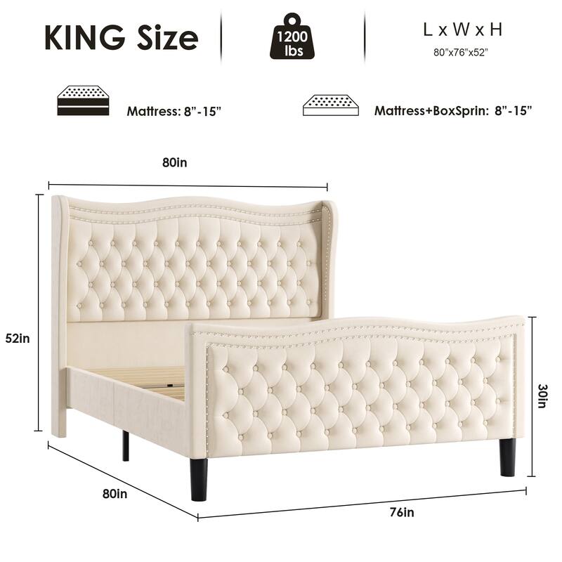 Wingback Platform Bed King Size Velvet Upholstered Bed with Nailhead Trim and Tufted Headboard Footboard, Wood Slats Support