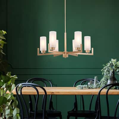 Modern Gold 6-Light Frosted Glass Shade Wagon Wheel Chandelier for Dining Room - 27.5"Dx30.5"H