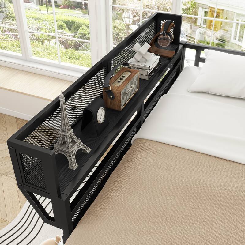 Iron Loft Bed Frame with Storage Shelves, Heavy Duty Metal Loft Bed, Kids High Loft Bed with Full Length Guardrail