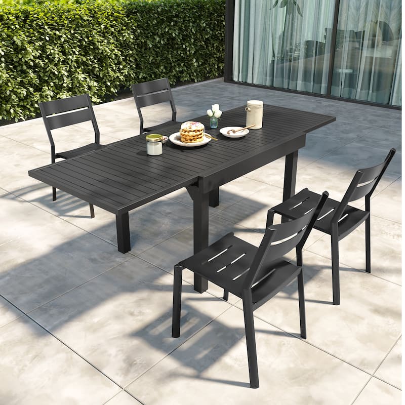 Pellebant 5/7/9-piece Aluminum Outdoor Dining Set Expandable Table and Stackable Chairs - Black-Set of 5