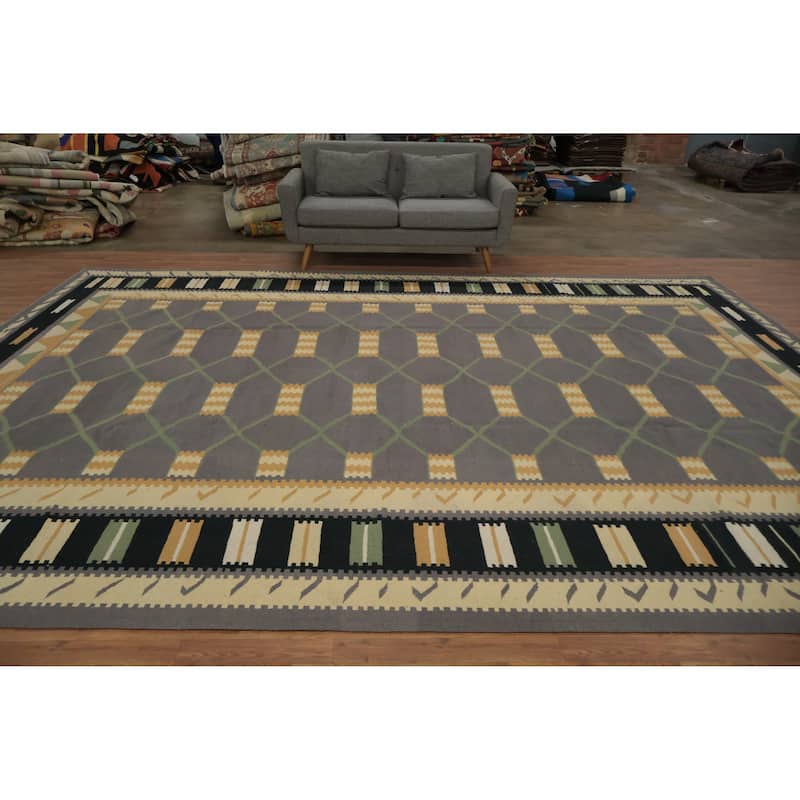 Hand Woven Oriental 100% Wool Carpet Southwestern Modern Greys & Charcoal Kilim Area Rug - 14' 10'' X 11' 5''
