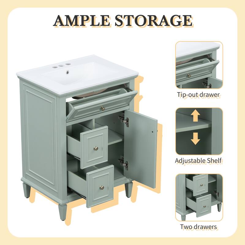 24" Bathroom Vanity with Sink - Solid Wood/MDF Cabinet, Flip Drawer + 2 Drawers, Adjustable Shelf
