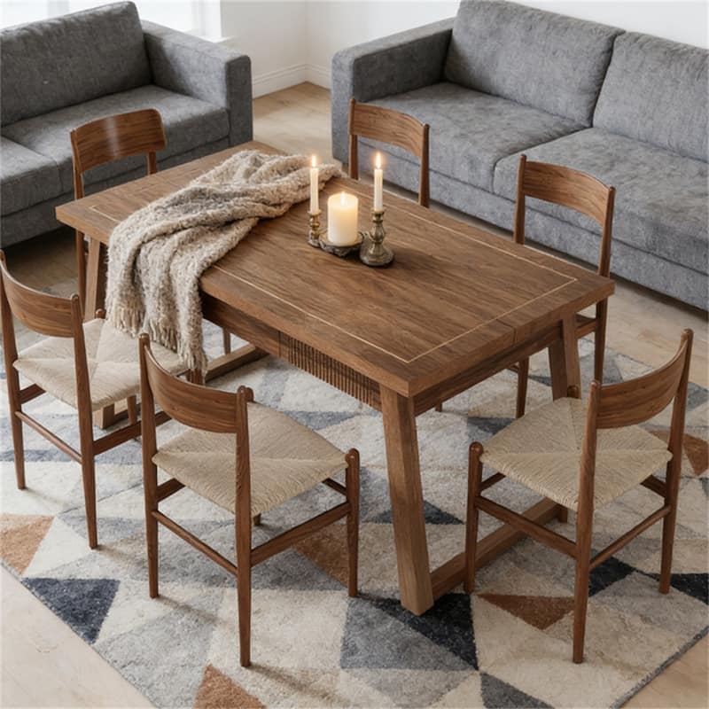 Dining Table with Hidden Drawer, Wood Kitchen Table for 4-6 People, Home Office Table with Wood Legs