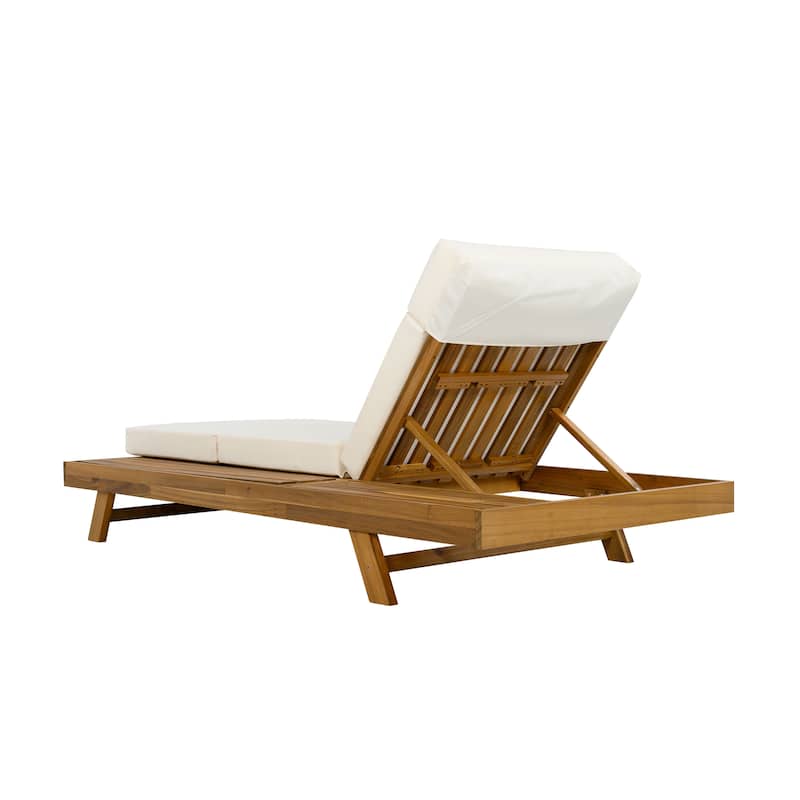 One-sided Open Storage Lounge Chairs Outdoor Patio Acacia Wood Chaise Lounge with Adjustable Backrest & Water-repellent Cushions