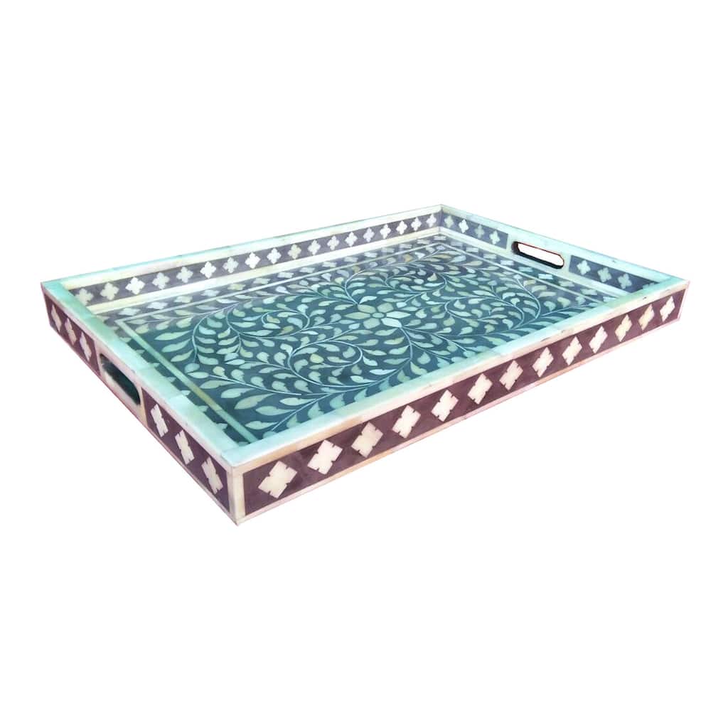 Gray and Maroon Floral Bone Inlay Serving Tray